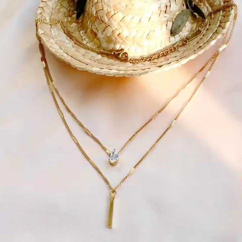 Jewels Galaxy Gold Plated Stainless Steel Anti Tarnish Tear Drop CZ Dual Strand Pendant
