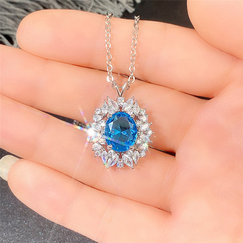 Jewels Galaxy Silver Plated American Diamond Studded Blue Oval Shape Contemporary Pendant