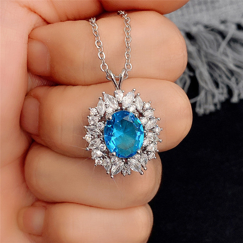 Jewels Galaxy Silver Plated American Diamond Studded Blue Oval Shape Contemporary Pendant