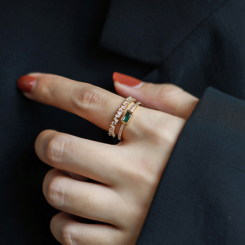 Jewels Galaxy Gold Plated Stainless Steel Anti Tarnish Green Emerald Studded Adjustable Finger Ring