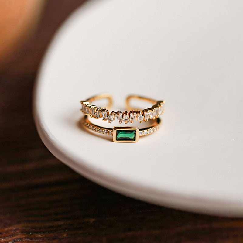 Jewels Galaxy Gold Plated Stainless Steel Anti Tarnish Green Emerald Studded Adjustable Finger Ring