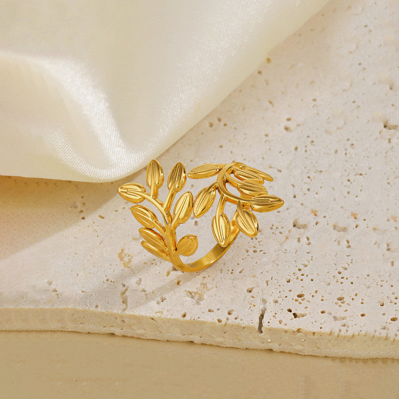 Jewels Galaxy Gold Plated Anti Tarnish Stainless Steel Leaf Themed Adjustable Finger Ring
