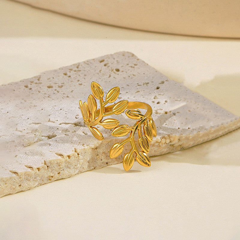 Jewels Galaxy Gold Plated Anti Tarnish Stainless Steel Leaf Themed Adjustable Finger Ring