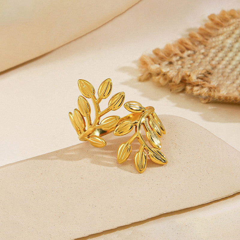 Jewels Galaxy Gold Plated Anti Tarnish Stainless Steel Leaf Themed Adjustable Finger Ring