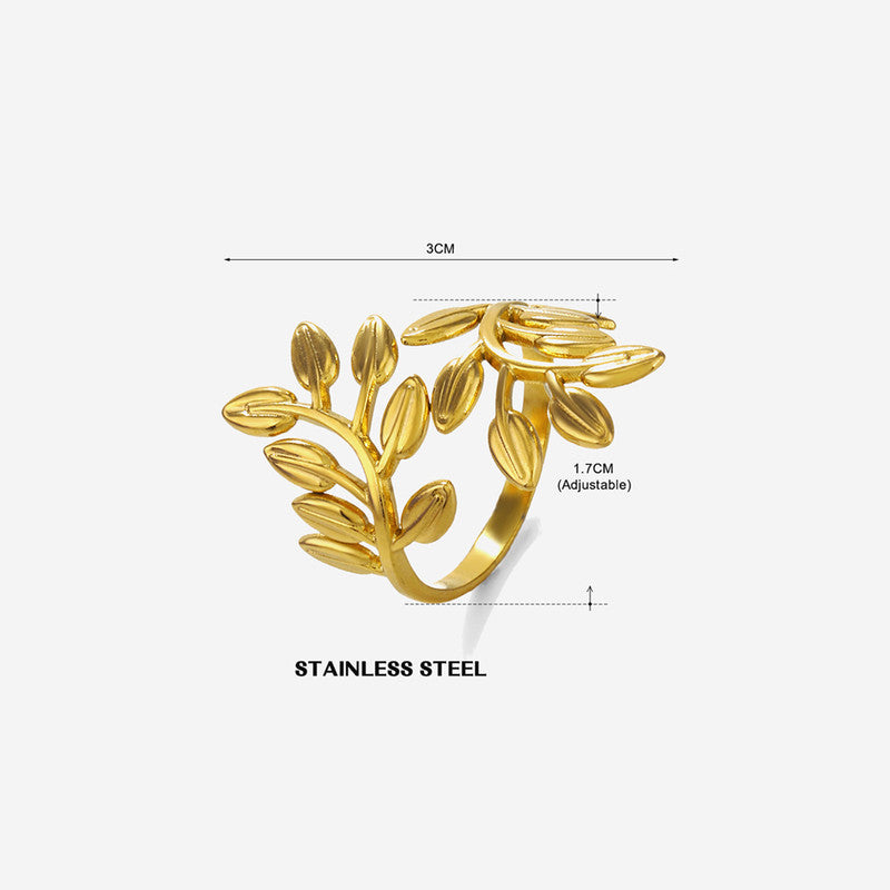 Jewels Galaxy Gold Plated Anti Tarnish Stainless Steel Leaf Themed Adjustable Finger Ring