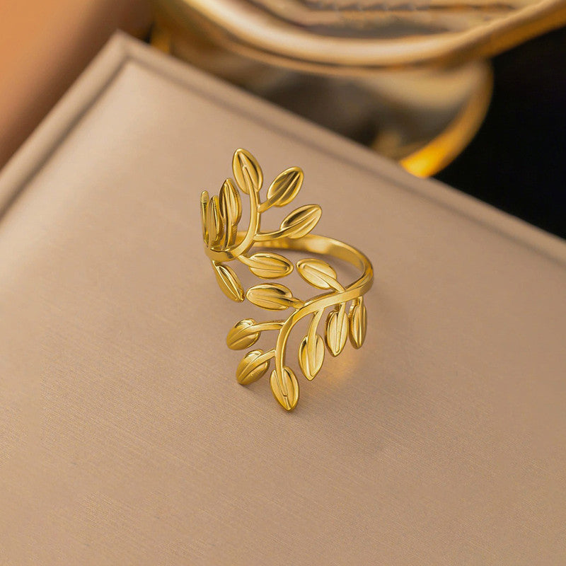 Jewels Galaxy Gold Plated Anti Tarnish Stainless Steel Leaf Themed Adjustable Finger Ring