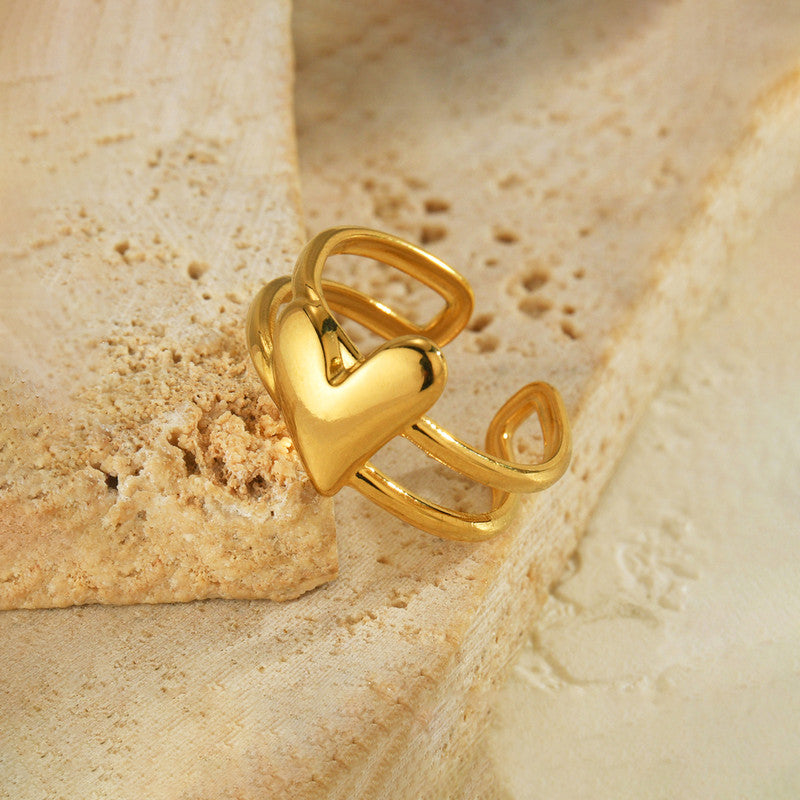 Jewels Galaxy Gold Plated Anti Tarnish Stainless Steel Heart Themed Adjustable Finger Ring