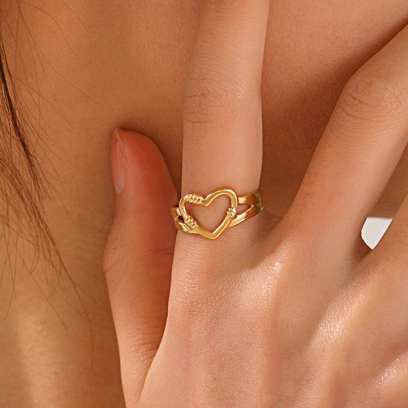 Jewels Galaxy Gold Plated Anti Tarnish Stainless Steel Heart Themed Adjustable Finger Ring