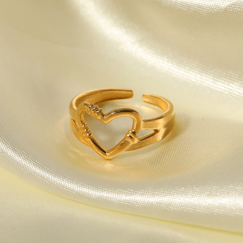 Jewels Galaxy Gold Plated Anti Tarnish Stainless Steel Heart Themed Adjustable Finger Ring