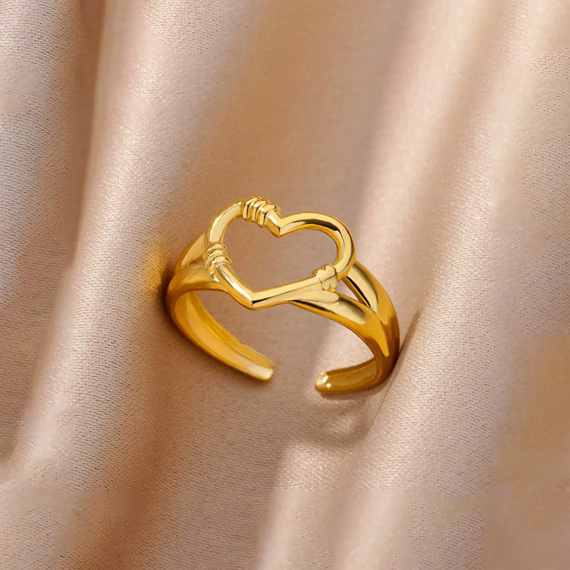 Jewels Galaxy Gold Plated Anti Tarnish Stainless Steel Heart Themed Adjustable Finger Ring