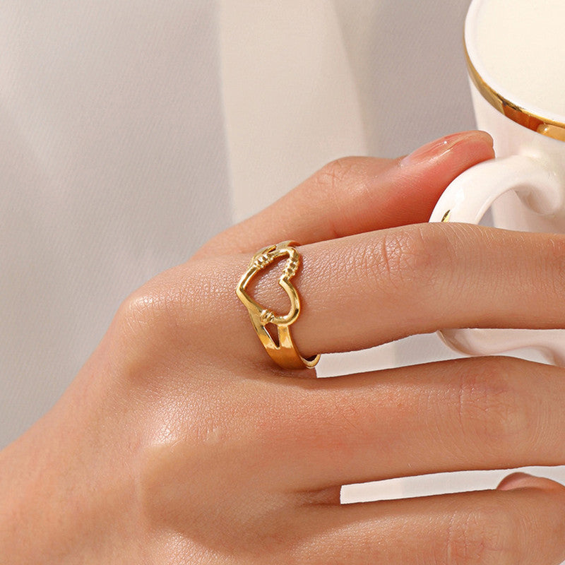 Jewels Galaxy Gold Plated Anti Tarnish Stainless Steel Heart Themed Adjustable Finger Ring