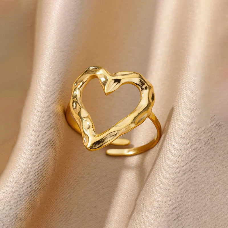 Jewels Galaxy Gold Plated Anti Tarnish Stainless Steel Heart Themed Adjustable Finger Ring