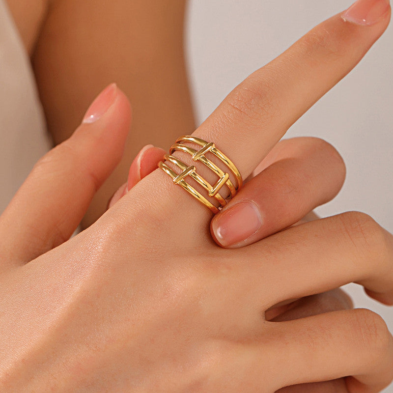Jewels Galaxy Gold Plated Anti Tarnish Stainless Steel Contemporary Adjustable Finger Ring