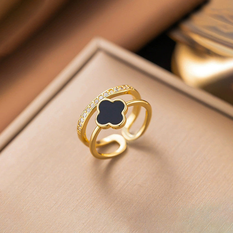 Jewels Galaxy Gold Plated Anti Tarnish Stainless Steel Clover Themed Adjustable Finger Ring