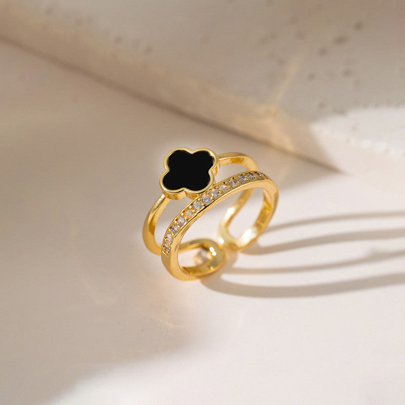 Jewels Galaxy Gold Plated Anti Tarnish Stainless Steel Clover Themed Adjustable Finger Ring