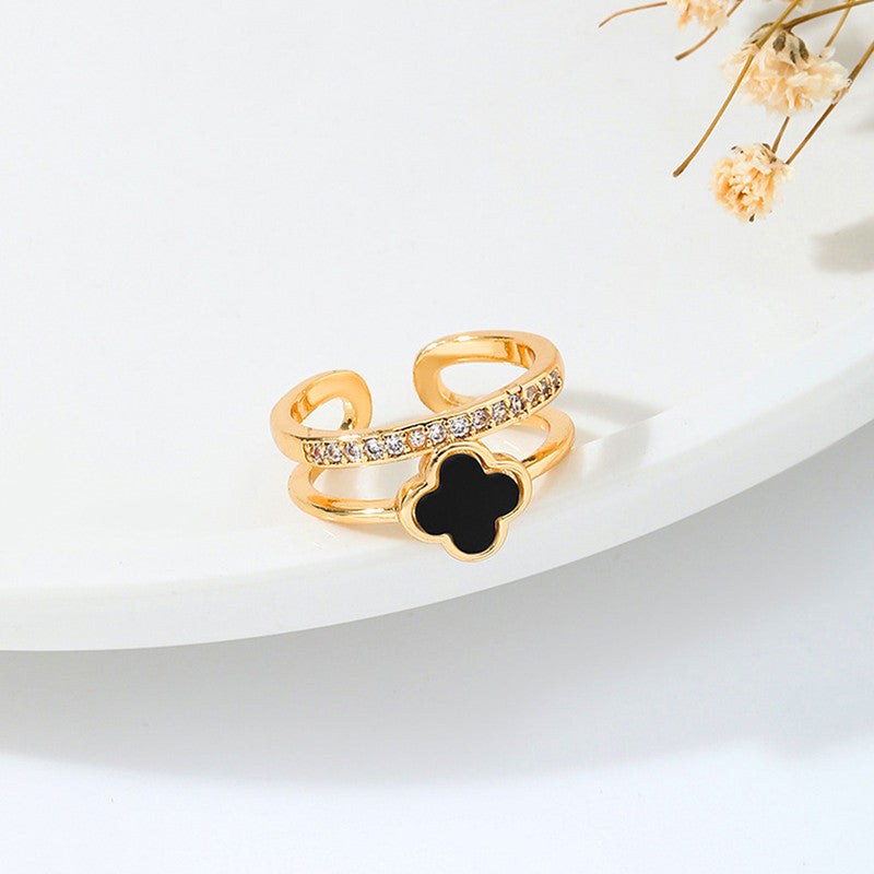 Jewels Galaxy Gold Plated Anti Tarnish Stainless Steel Clover Themed Adjustable Finger Ring