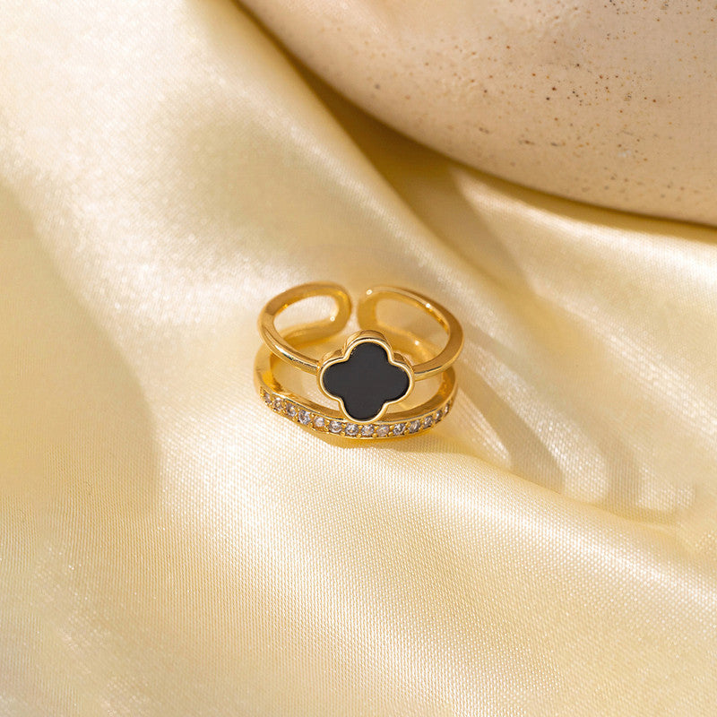 Jewels Galaxy Gold Plated Anti Tarnish Stainless Steel Clover Themed Adjustable Finger Ring