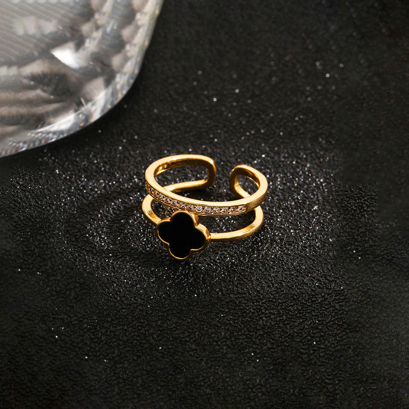 Jewels Galaxy Gold Plated Anti Tarnish Stainless Steel Clover Themed Adjustable Finger Ring