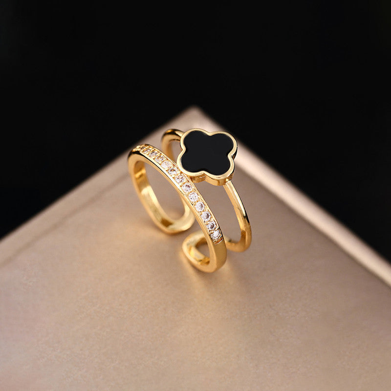 Jewels Galaxy Gold Plated Anti Tarnish Stainless Steel Clover Themed Adjustable Finger Ring
