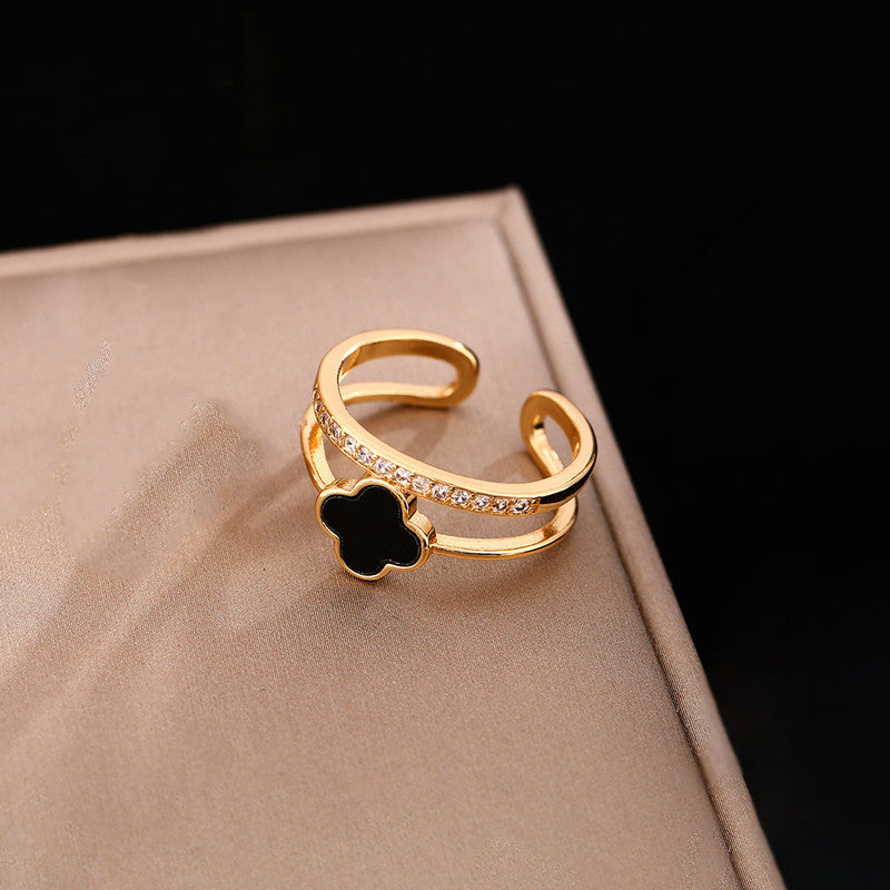 Jewels Galaxy Gold Plated Anti Tarnish Stainless Steel Clover Themed Adjustable Finger Ring
