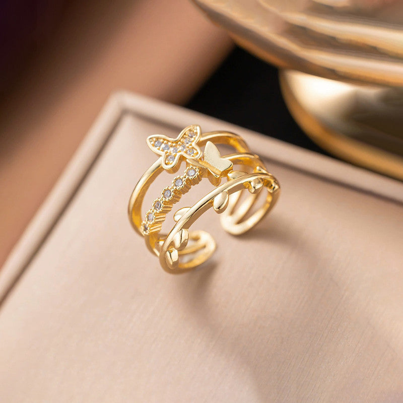 Jewels Galaxy Gold Plated Anti Tarnish Stainless Steel Butterfly Themed Adjustable Finger Ring
