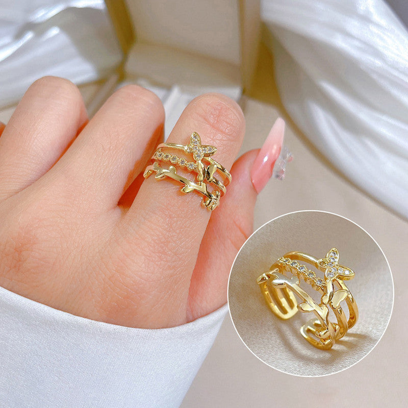 Jewels Galaxy Gold Plated Anti Tarnish Stainless Steel Butterfly Themed Adjustable Finger Ring