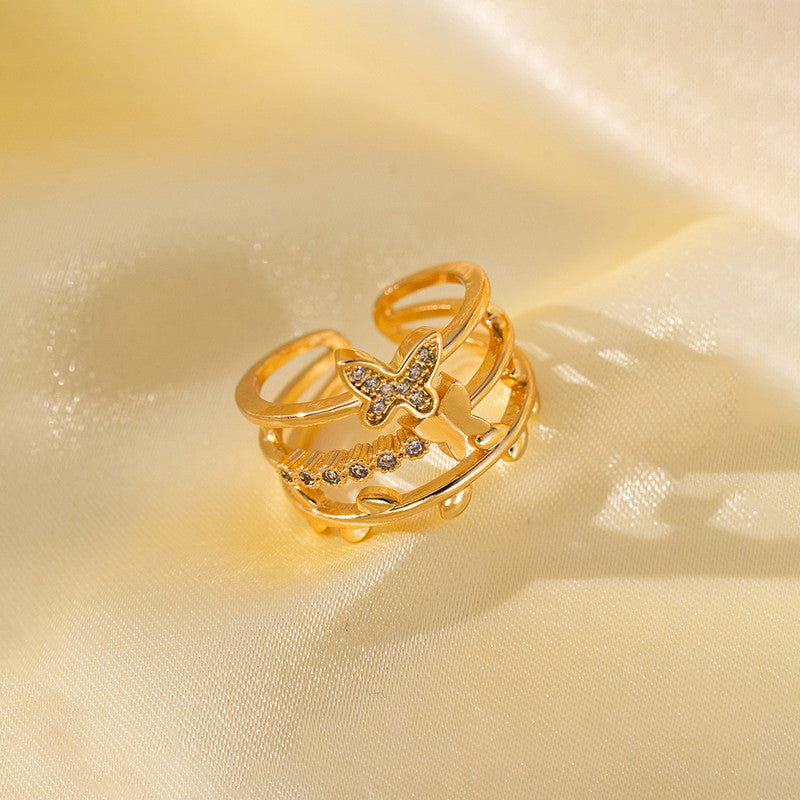 Jewels Galaxy Gold Plated Anti Tarnish Stainless Steel Butterfly Themed Adjustable Finger Ring