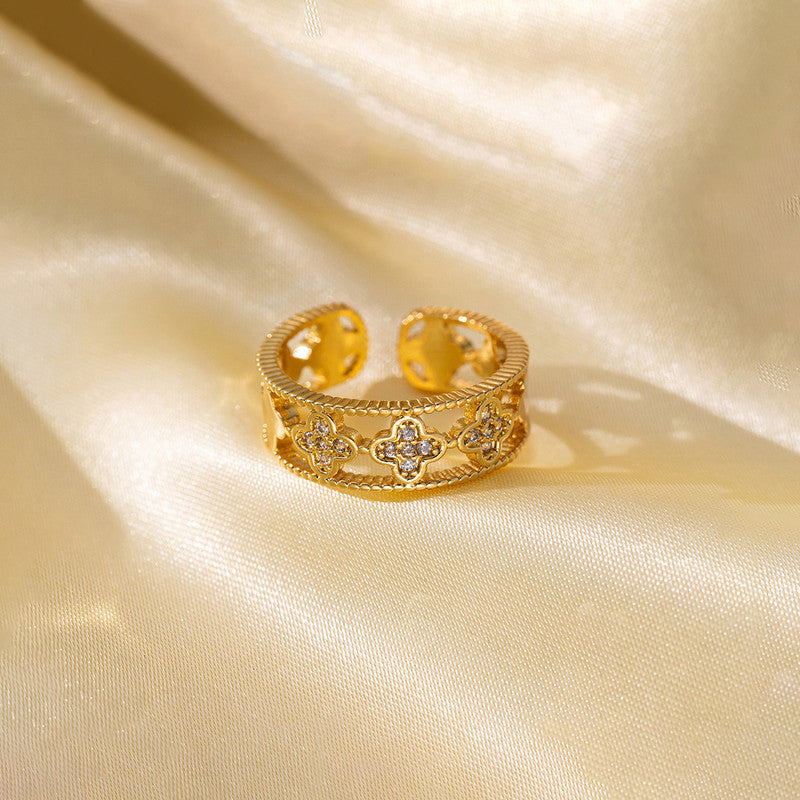 Jewels Galaxy Gold Plated Anti Tarnish Stainless Steel Clover Themed Adjustable Finger Ring