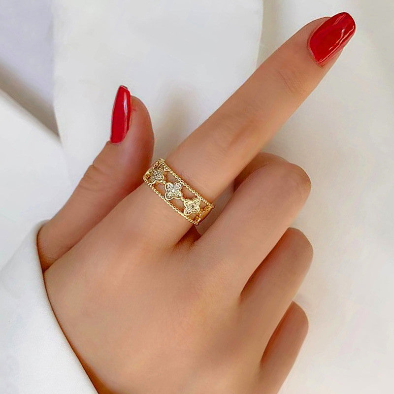 Jewels Galaxy Gold Plated Anti Tarnish Stainless Steel Clover Themed Adjustable Finger Ring