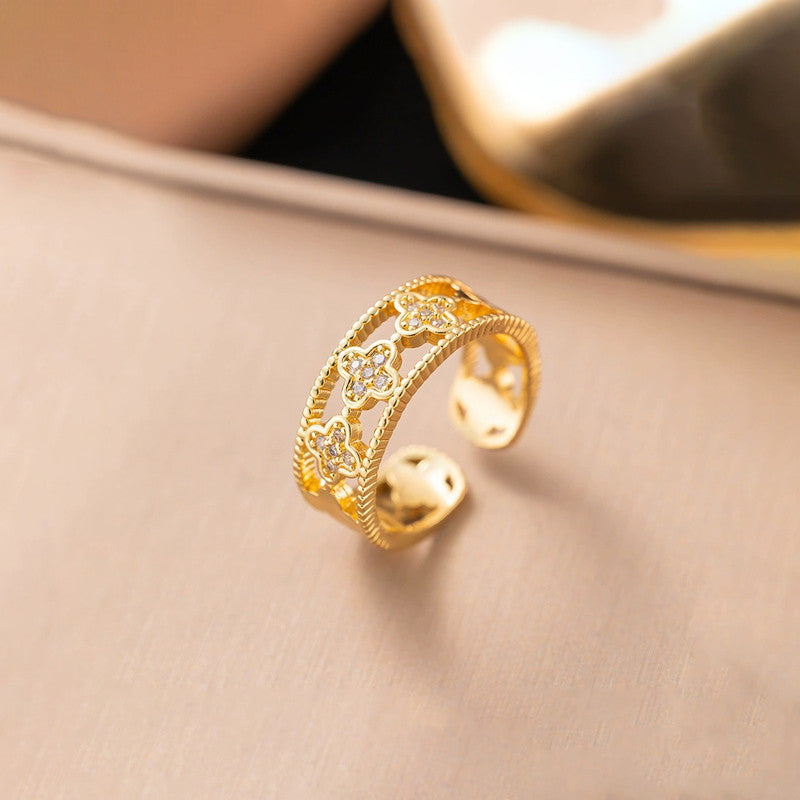 Jewels Galaxy Gold Plated Anti Tarnish Stainless Steel Clover Themed Adjustable Finger Ring