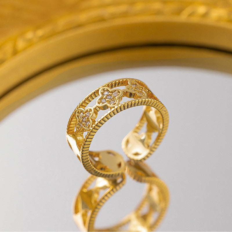 Jewels Galaxy Gold Plated Anti Tarnish Stainless Steel Clover Themed Adjustable Finger Ring