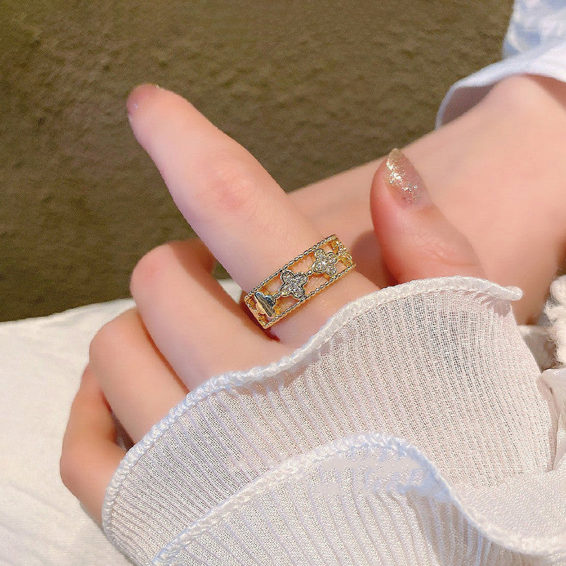 Jewels Galaxy Gold Plated Anti Tarnish Stainless Steel Clover Themed Adjustable Finger Ring