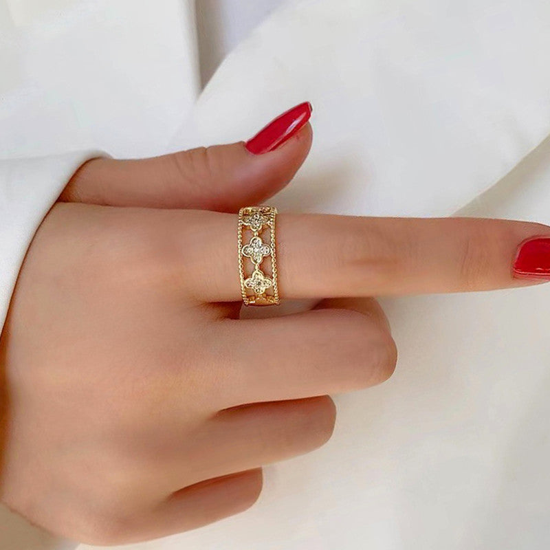 Jewels Galaxy Gold Plated Anti Tarnish Stainless Steel Clover Themed Adjustable Finger Ring