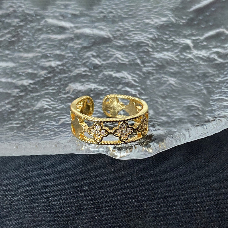 Jewels Galaxy Gold Plated Anti Tarnish Stainless Steel Clover Themed Adjustable Finger Ring