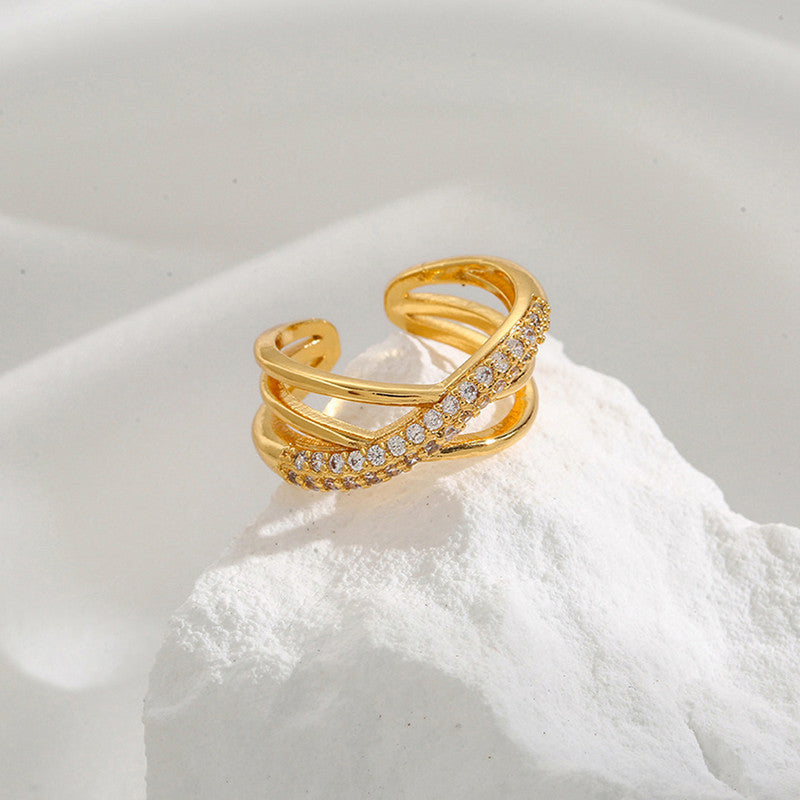 Jewels Galaxy Gold Plated Anti Tarnish Stainless Steel Cross Shaped Adjustable Finger Ring