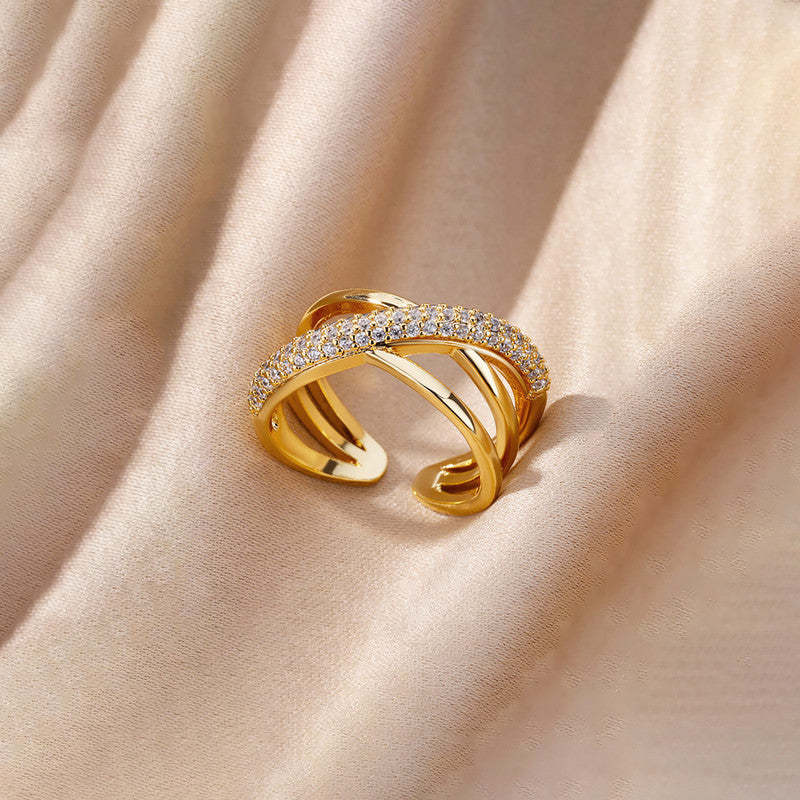 Jewels Galaxy Gold Plated Anti Tarnish Stainless Steel Cross Shaped Adjustable Finger Ring