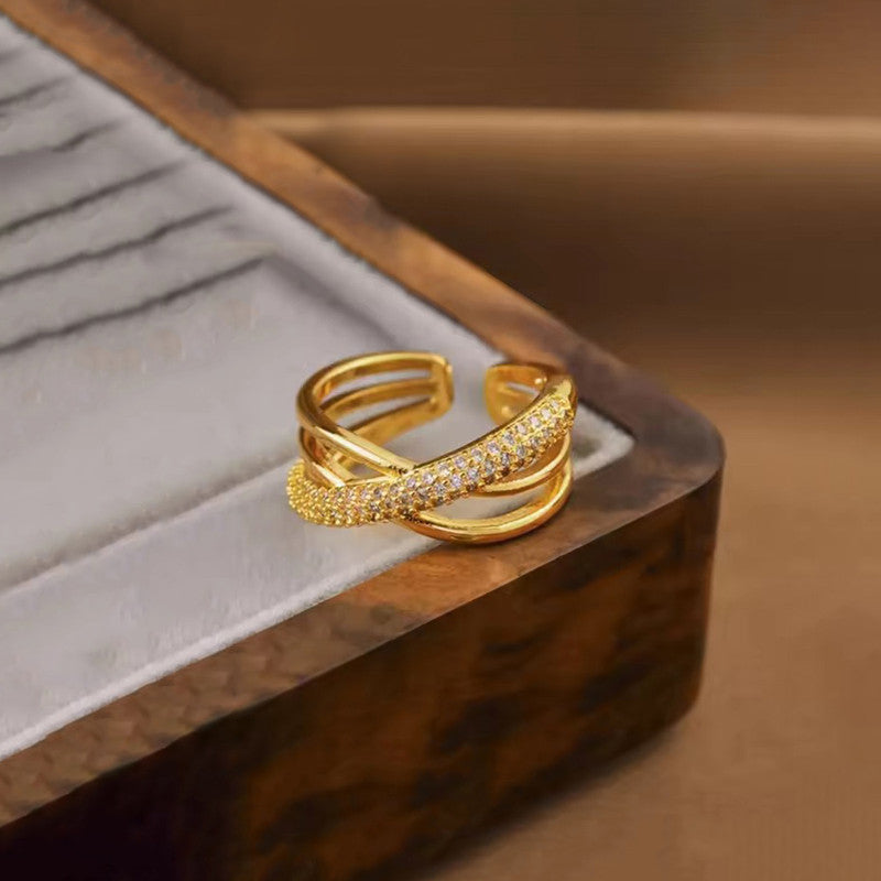 Jewels Galaxy Gold Plated Anti Tarnish Stainless Steel Cross Shaped Adjustable Finger Ring