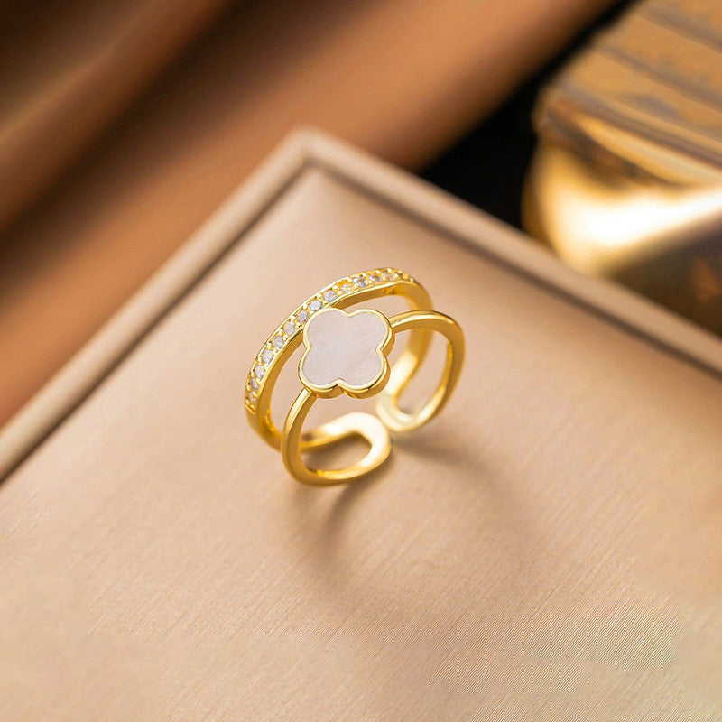 Jewels Galaxy Gold Plated Anti Tarnish Stainless Steel Clover Themed Adjustable Finger Ring