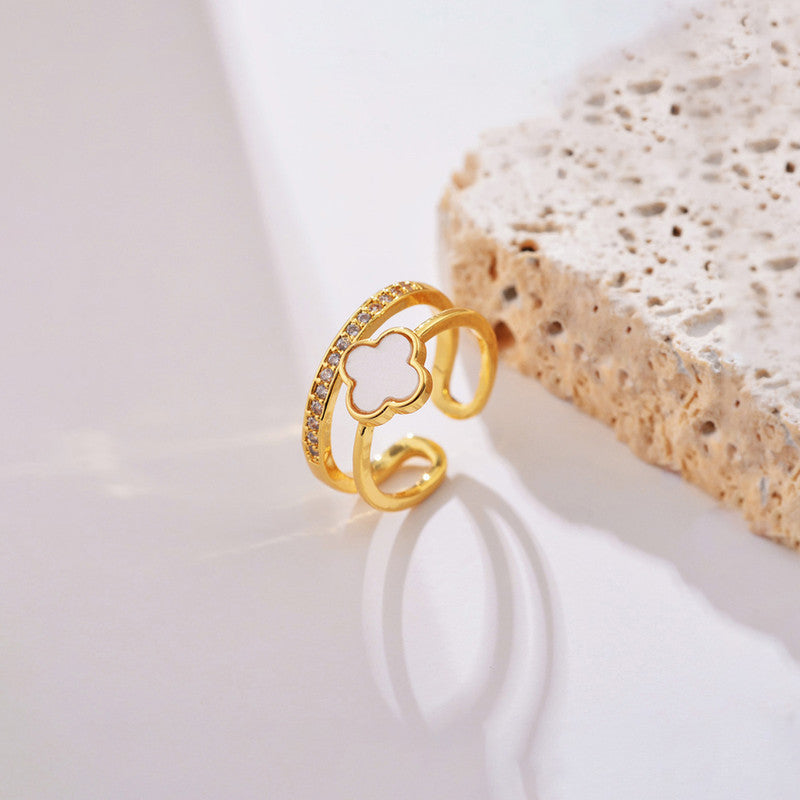 Jewels Galaxy Gold Plated Anti Tarnish Stainless Steel Clover Themed Adjustable Finger Ring