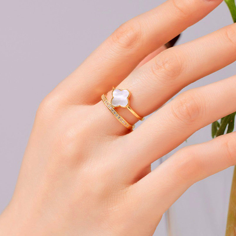 Jewels Galaxy Gold Plated Anti Tarnish Stainless Steel Clover Themed Adjustable Finger Ring