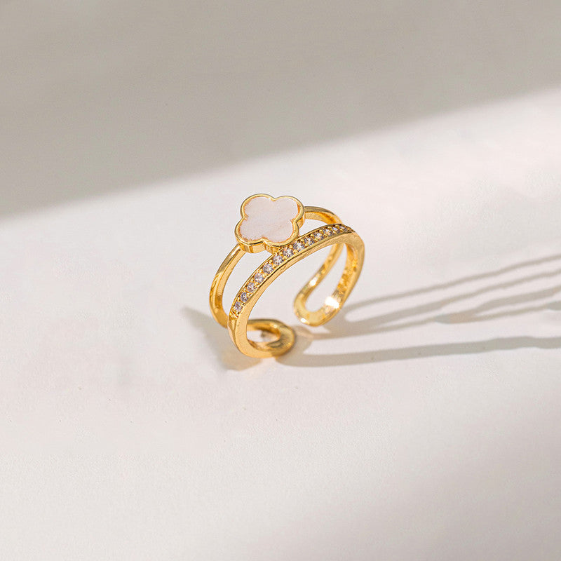 Jewels Galaxy Gold Plated Anti Tarnish Stainless Steel Clover Themed Adjustable Finger Ring