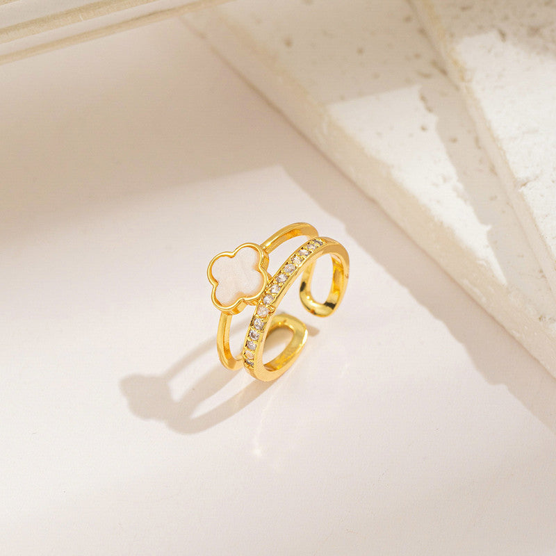 Jewels Galaxy Gold Plated Anti Tarnish Stainless Steel Clover Themed Adjustable Finger Ring