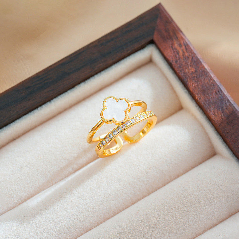 Jewels Galaxy Gold Plated Anti Tarnish Stainless Steel Clover Themed Adjustable Finger Ring