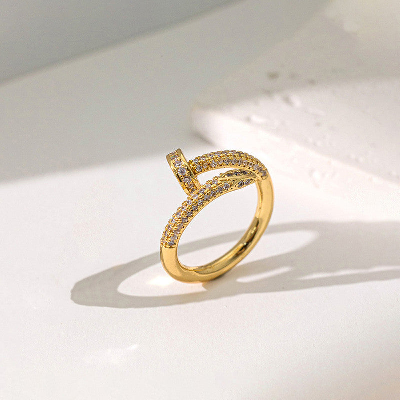 Jewels Galaxy Gold Plated Anti Tarnish Stainless Steel Nail Shaped AD Studded Adjustable Ring