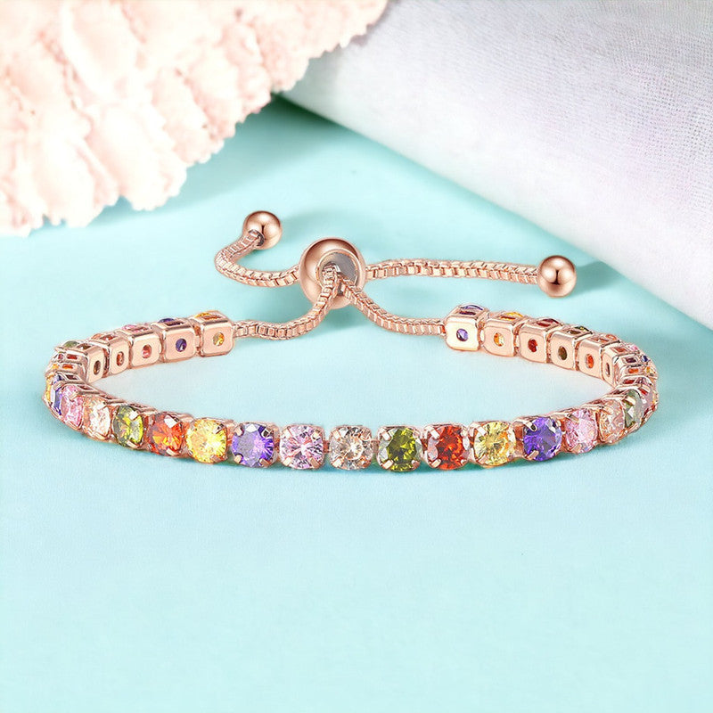 Jewels Galaxy Rose Gold Plated Round Cut Cubic Zirconia Multicolor Matrix Tennis Bracelet
