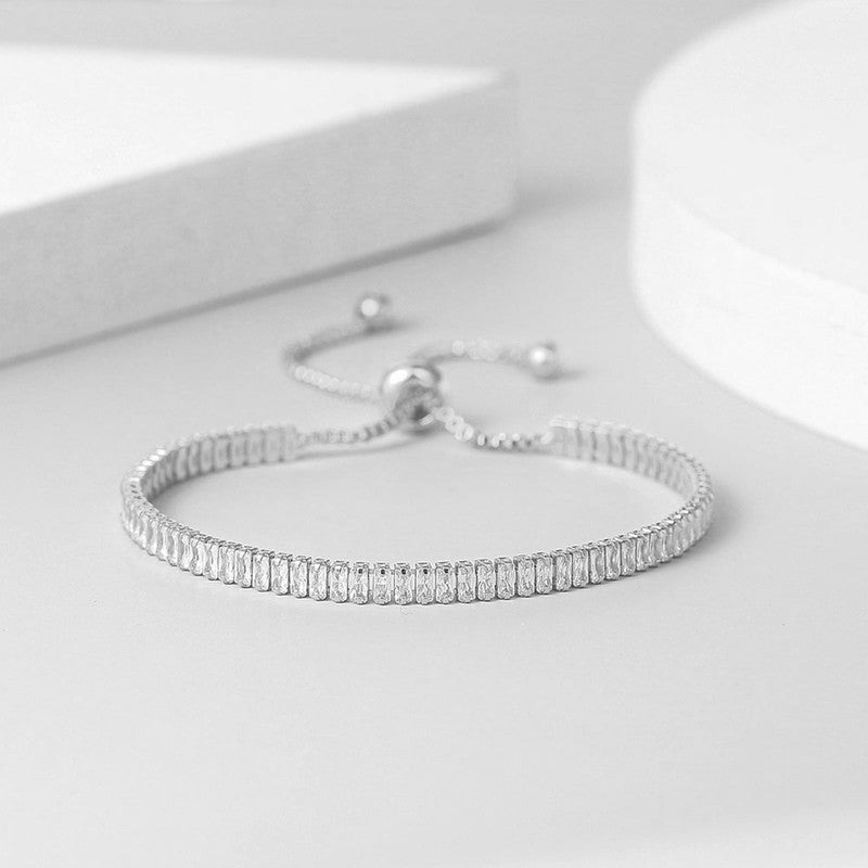 Jewels Galaxy Silver Plated Rectangular Cut CZ White Matrix Anti Tarnish Tennis Bracelet