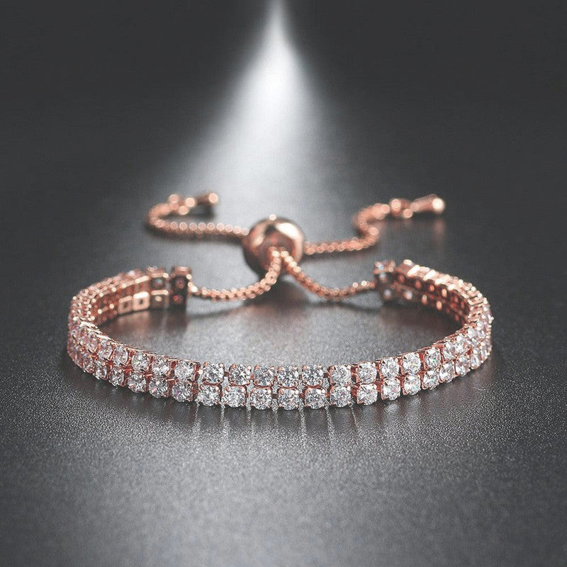 Jewels Galaxy Rose Gold Plated Dual Strand Round Cut CZ White Matrix Tennis Bracelet