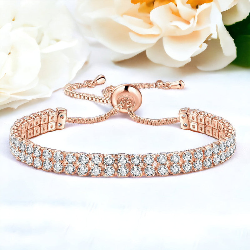 Jewels Galaxy Rose Gold Plated Dual Strand Round Cut CZ White Matrix Tennis Bracelet