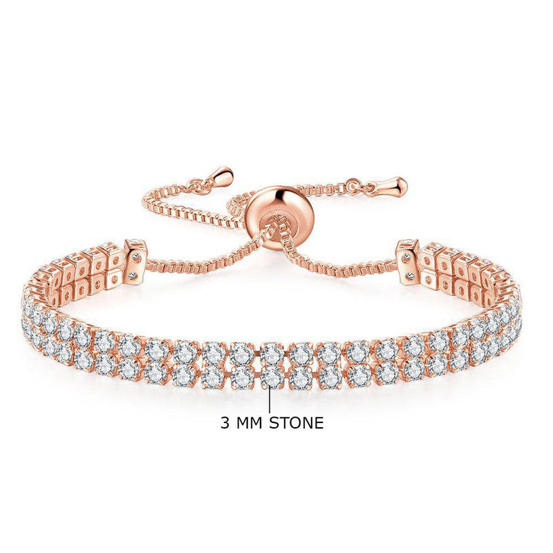 Jewels Galaxy Rose Gold Plated Dual Strand Round Cut CZ White Matrix Tennis Bracelet