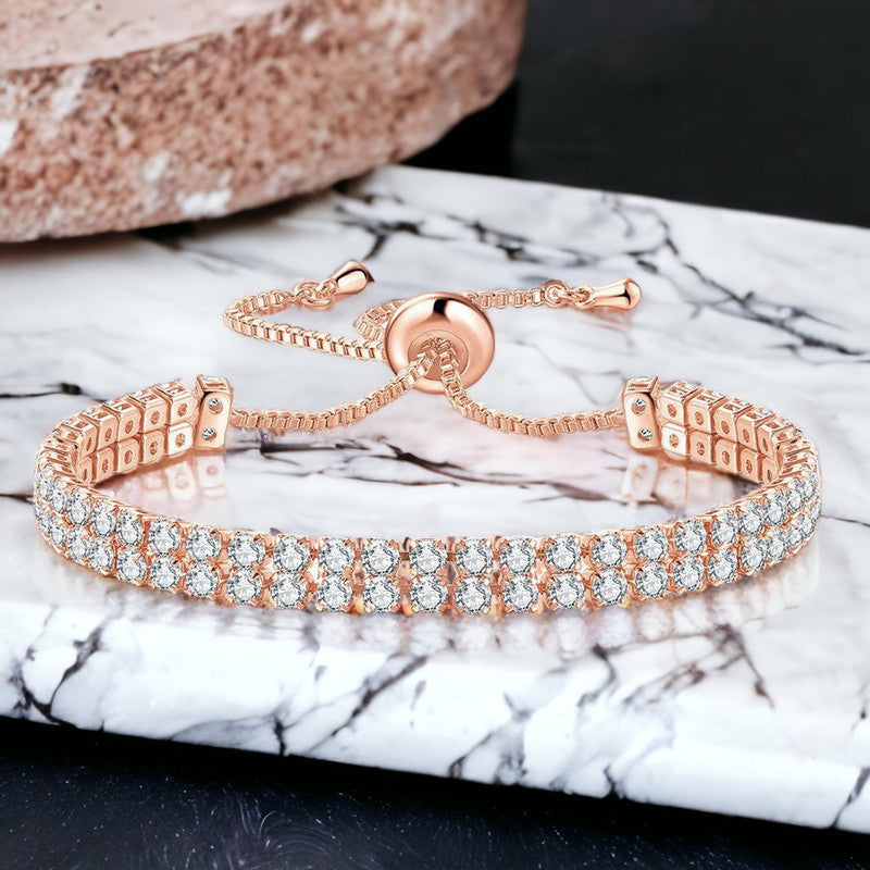 Jewels Galaxy Rose Gold Plated Dual Strand Round Cut CZ White Matrix Tennis Bracelet